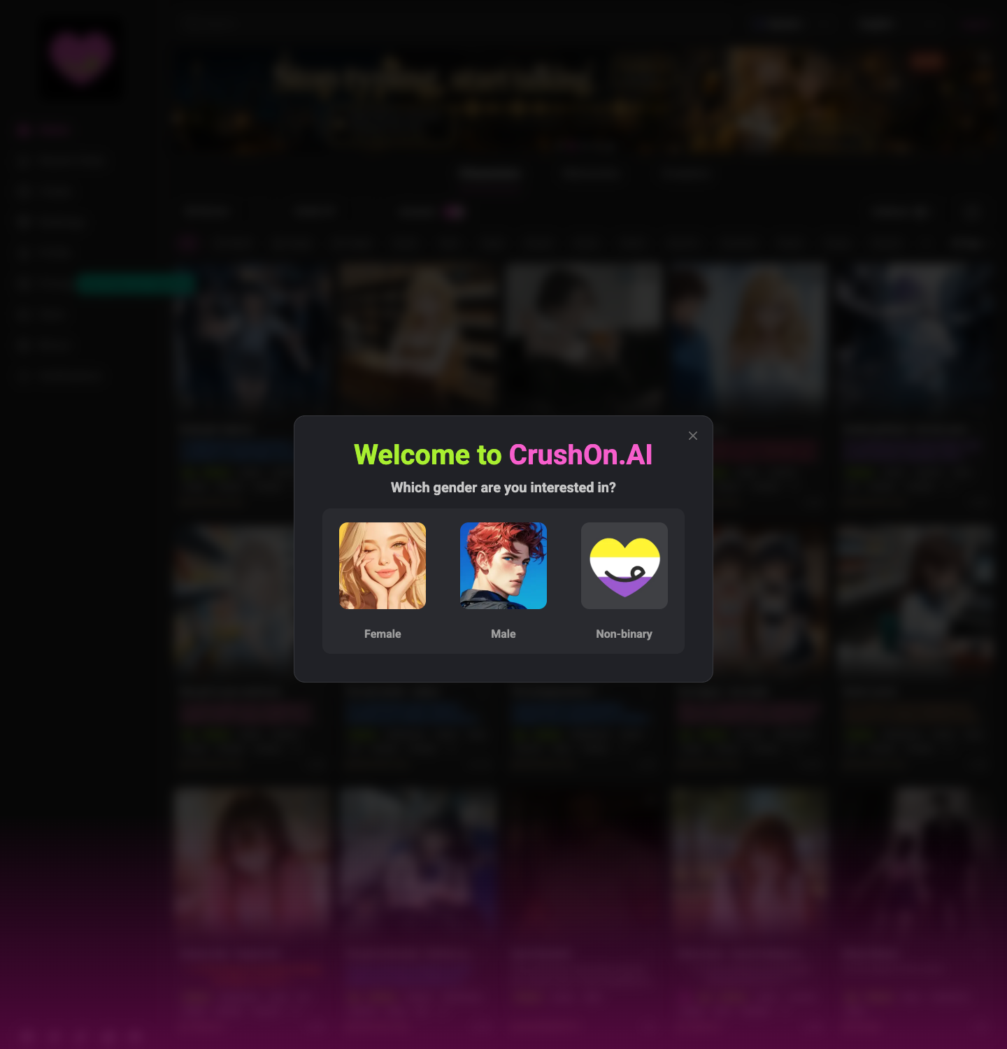 CrushOn AI home page, captured July 2026